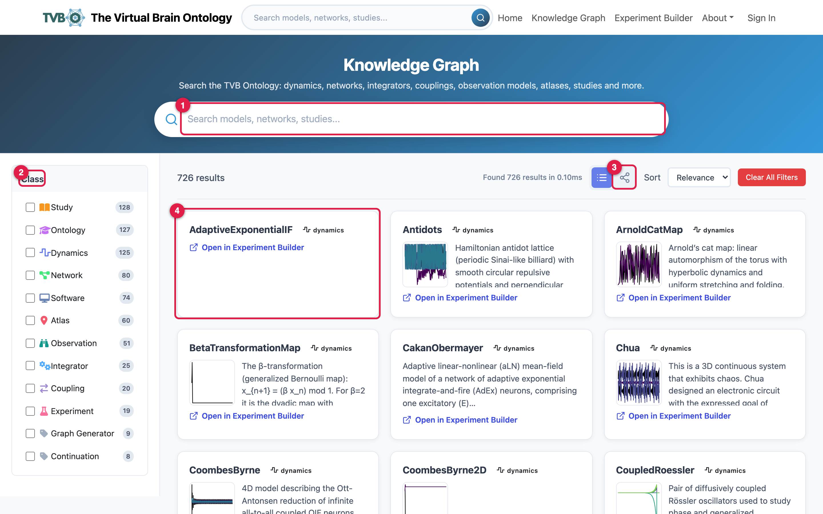 The list view: search, Class filter, view toggle, and a result card marked